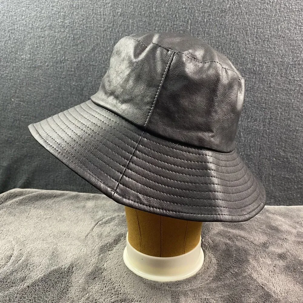 Anthropologie Faux Leather Bucket Hat Black Polyurethane Vegan Leather Womens OS